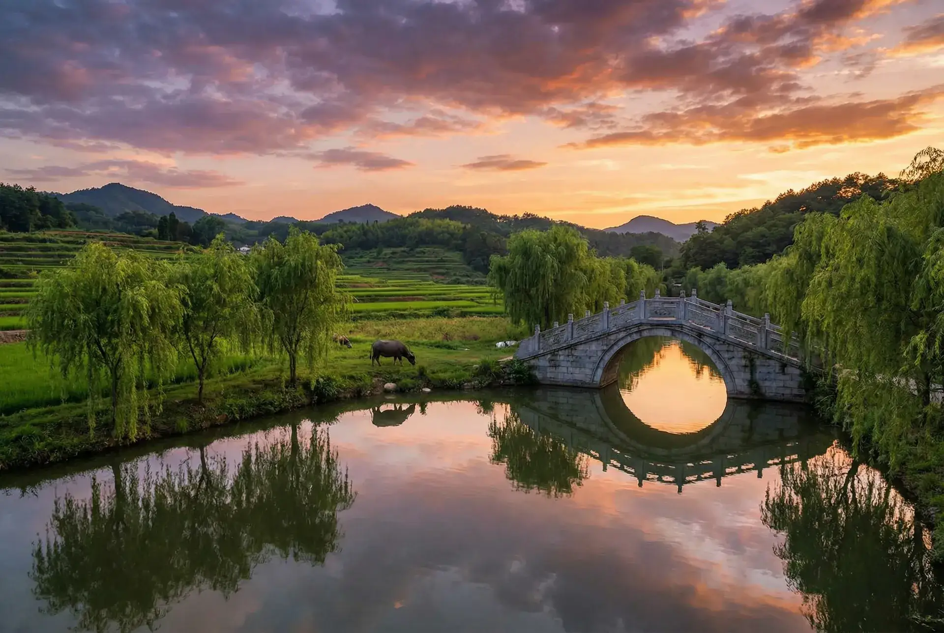 夕阳下的石拱桥与垂柳，水牛在河边吃草 - 窝窝社区平台 乡村美景